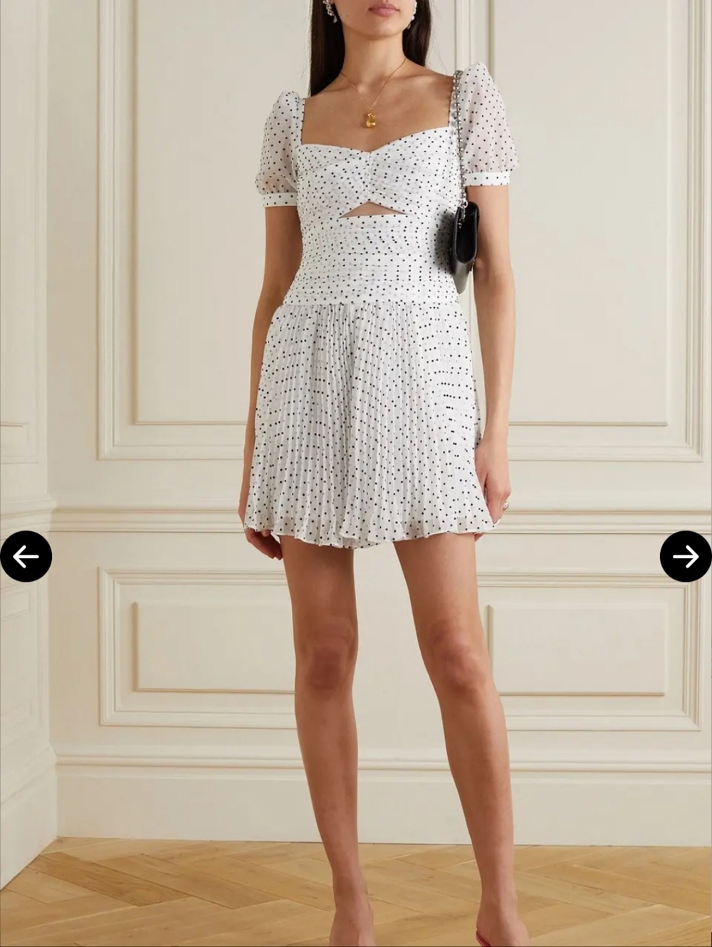 Self Portrait White Crinkle Chiffon Dress Flocked Polka dot Size 2 Black